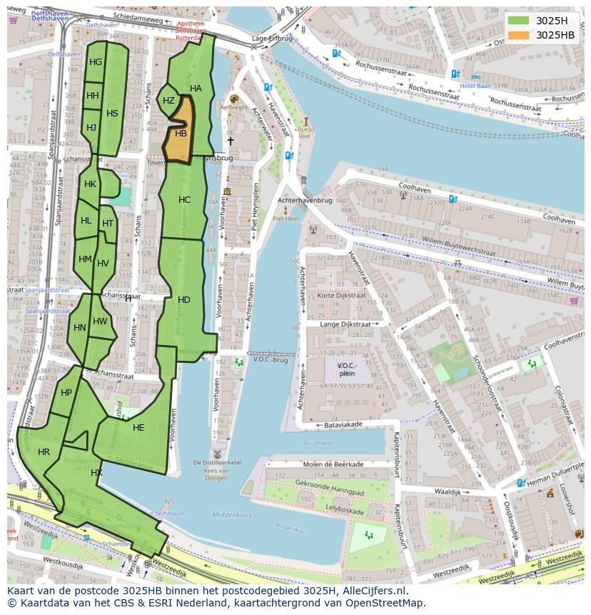 Afbeelding van het postcodegebied 3025 HB op de kaart.