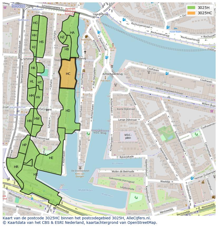 Afbeelding van het postcodegebied 3025 HC op de kaart.