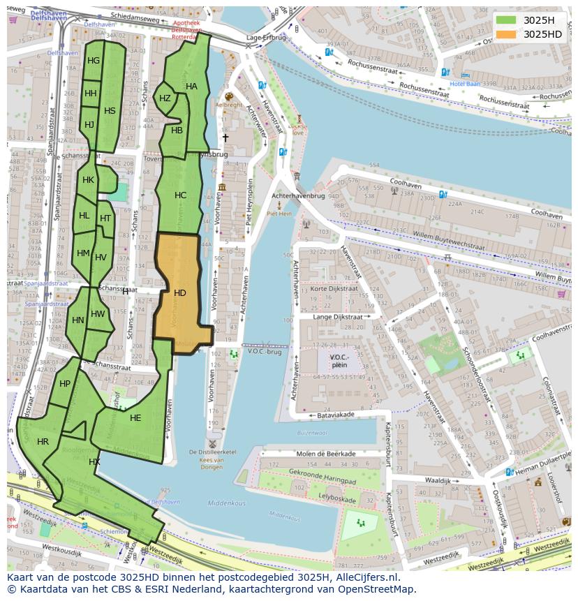 Afbeelding van het postcodegebied 3025 HD op de kaart.