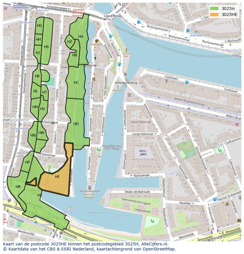 Afbeelding van het postcodegebied 3025 HE op de kaart.