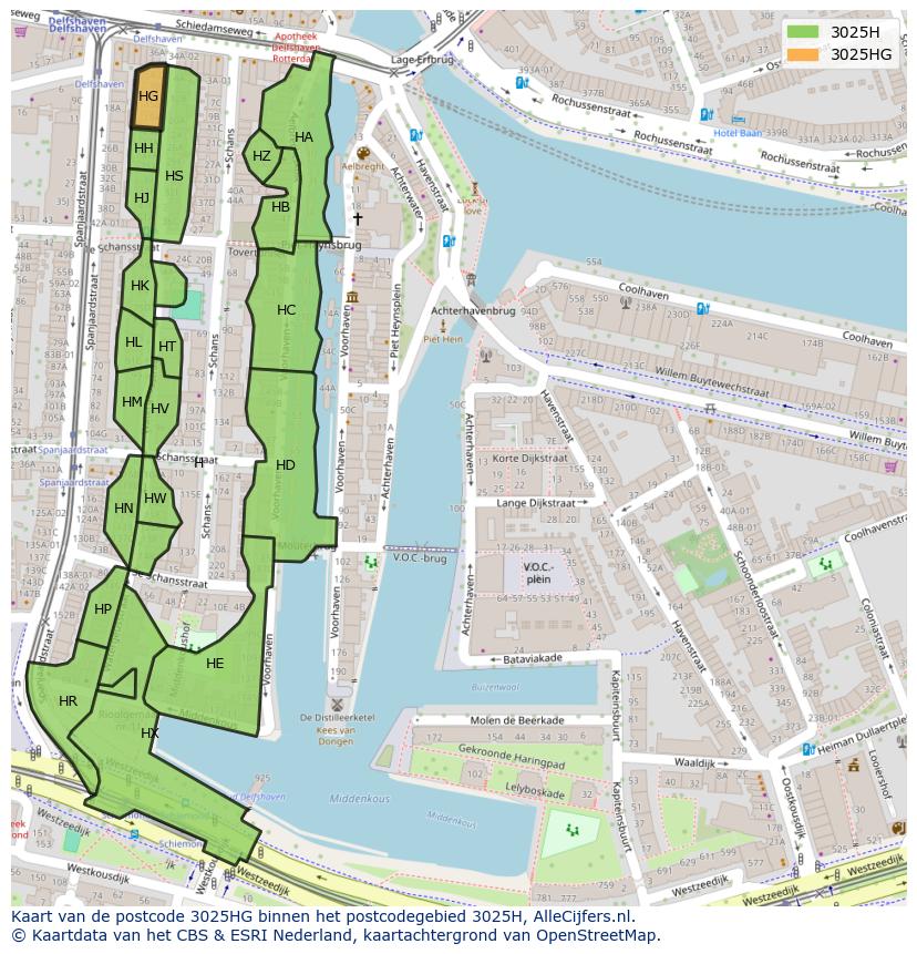 Afbeelding van het postcodegebied 3025 HG op de kaart.