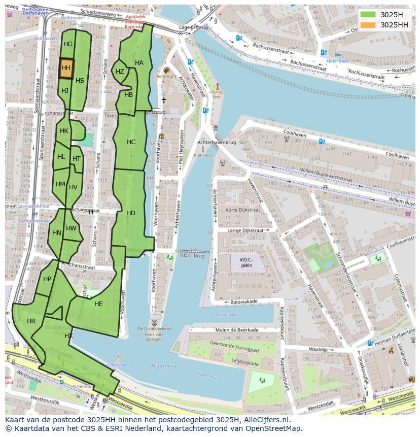Afbeelding van het postcodegebied 3025 HH op de kaart.