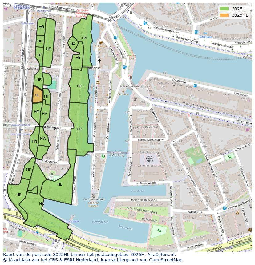 Afbeelding van het postcodegebied 3025 HL op de kaart.