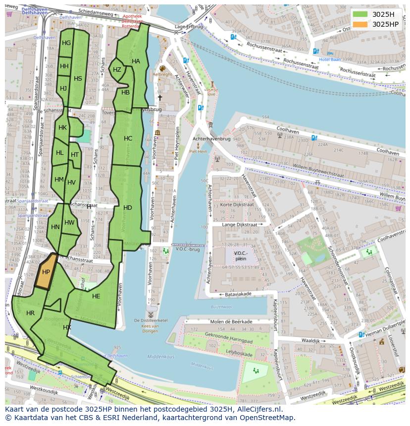 Afbeelding van het postcodegebied 3025 HP op de kaart.