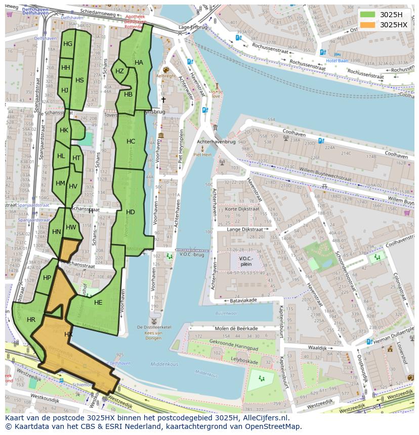 Afbeelding van het postcodegebied 3025 HX op de kaart.
