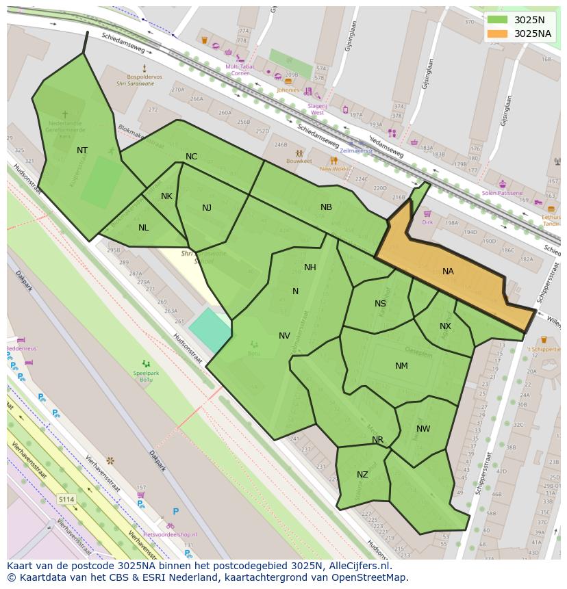Afbeelding van het postcodegebied 3025 NA op de kaart.