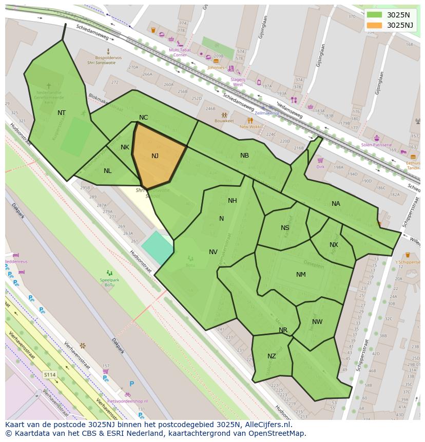 Afbeelding van het postcodegebied 3025 NJ op de kaart.