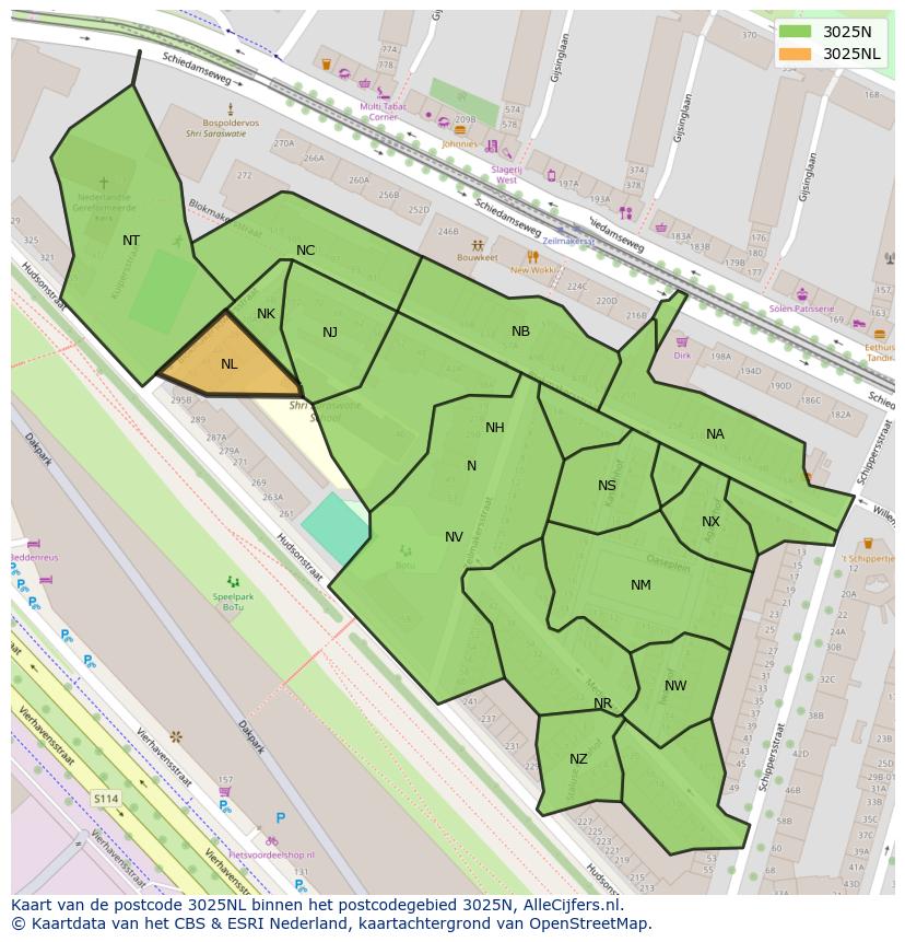 Afbeelding van het postcodegebied 3025 NL op de kaart.