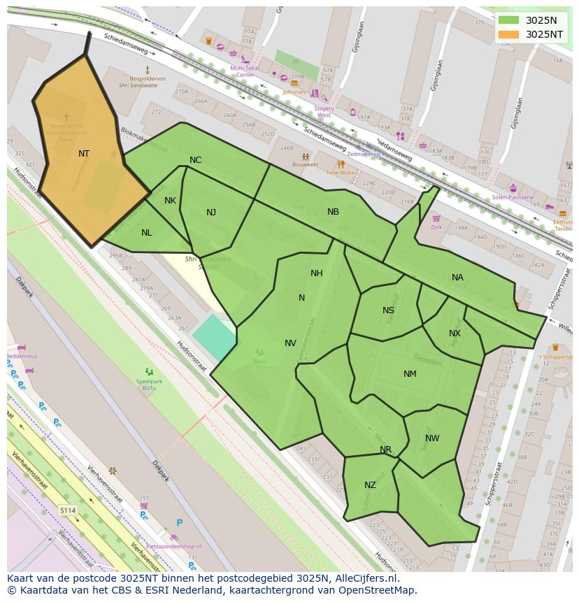 Afbeelding van het postcodegebied 3025 NT op de kaart.