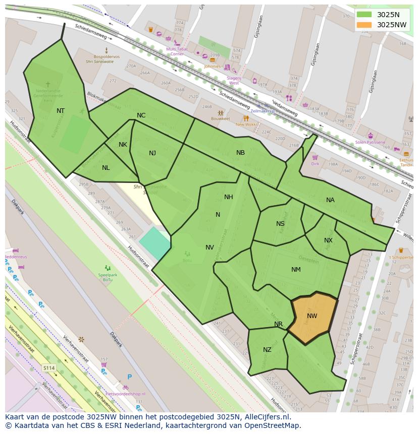Afbeelding van het postcodegebied 3025 NW op de kaart.
