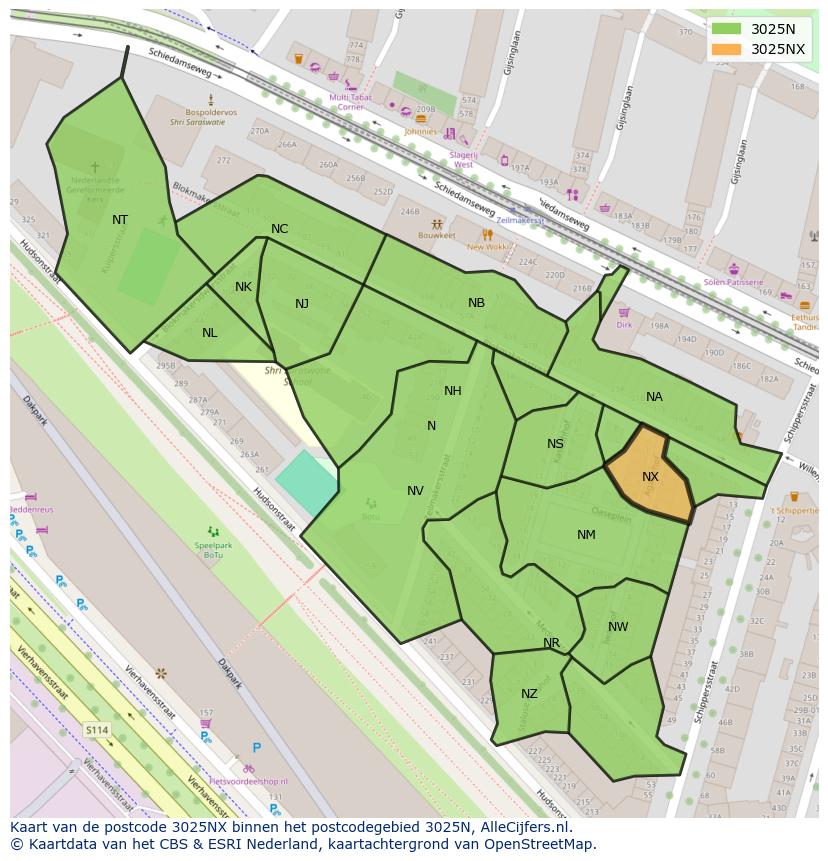 Afbeelding van het postcodegebied 3025 NX op de kaart.