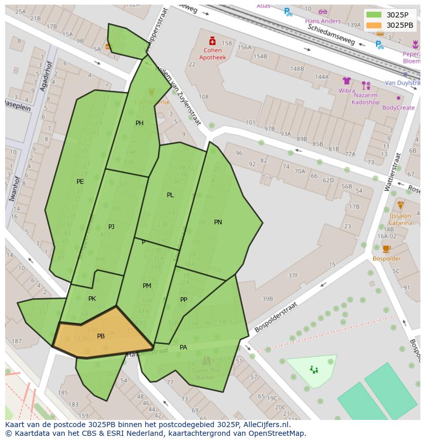 Afbeelding van het postcodegebied 3025 PB op de kaart.