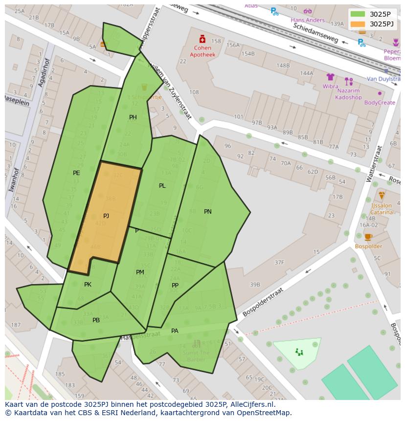 Afbeelding van het postcodegebied 3025 PJ op de kaart.