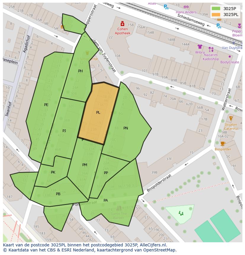 Afbeelding van het postcodegebied 3025 PL op de kaart.