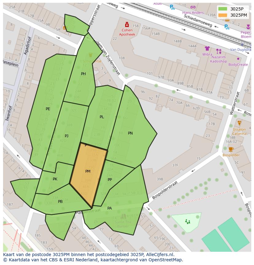 Afbeelding van het postcodegebied 3025 PM op de kaart.