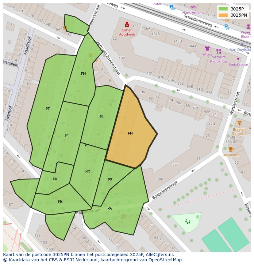 Afbeelding van het postcodegebied 3025 PN op de kaart.