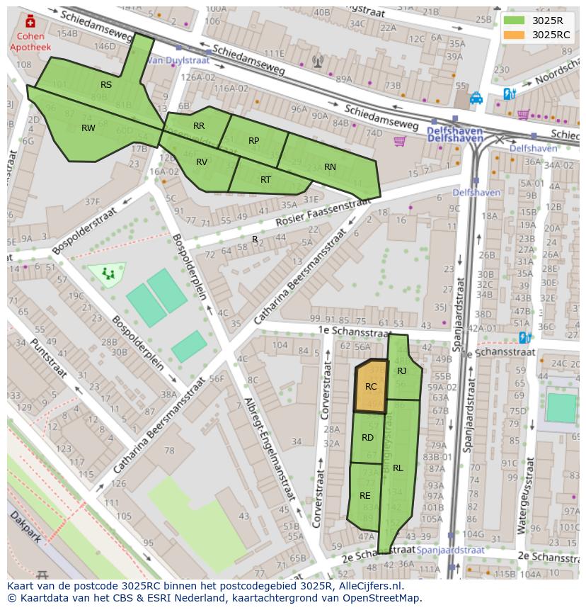 Afbeelding van het postcodegebied 3025 RC op de kaart.