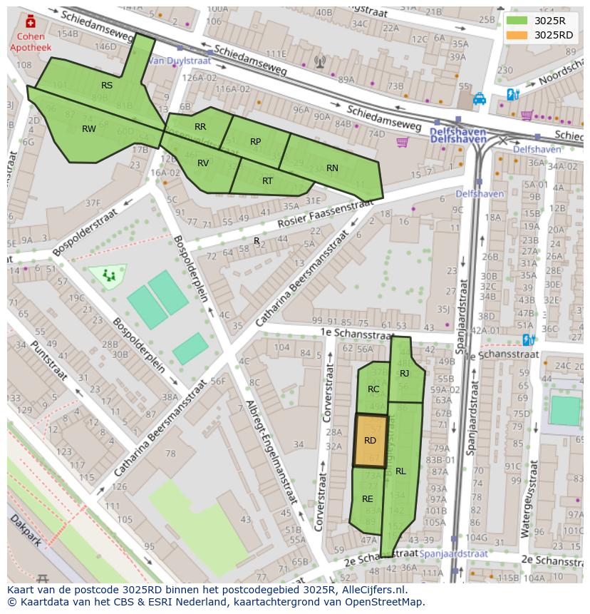 Afbeelding van het postcodegebied 3025 RD op de kaart.