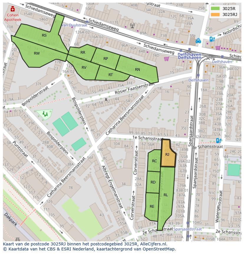 Afbeelding van het postcodegebied 3025 RJ op de kaart.
