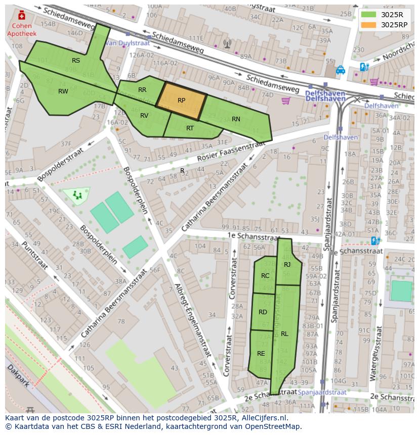 Afbeelding van het postcodegebied 3025 RP op de kaart.