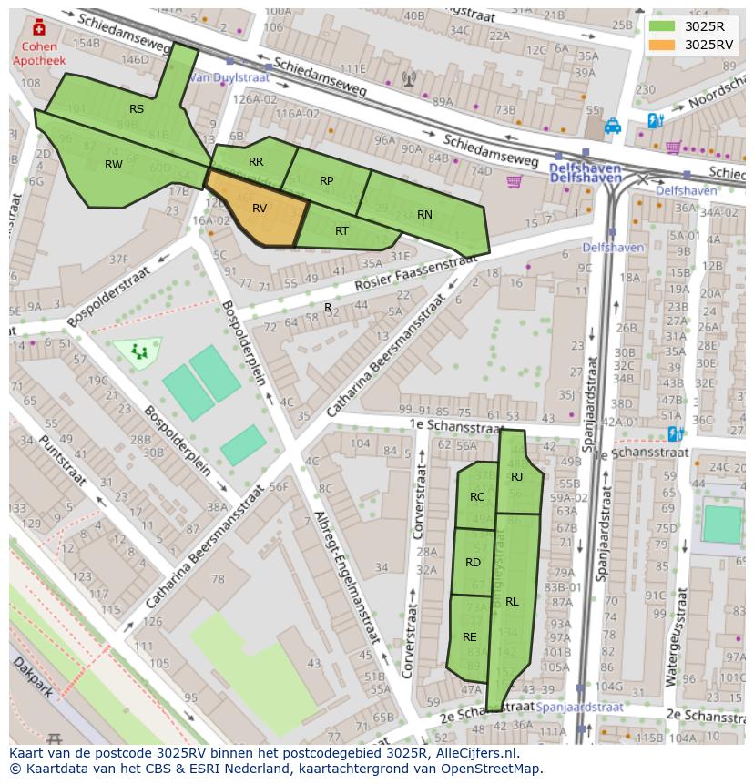Afbeelding van het postcodegebied 3025 RV op de kaart.