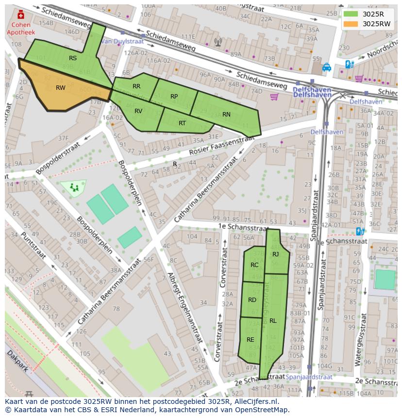 Afbeelding van het postcodegebied 3025 RW op de kaart.