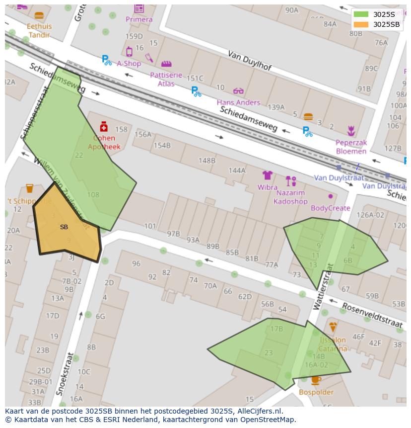 Afbeelding van het postcodegebied 3025 SB op de kaart.