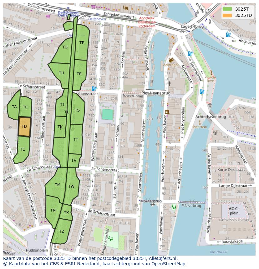 Afbeelding van het postcodegebied 3025 TD op de kaart.