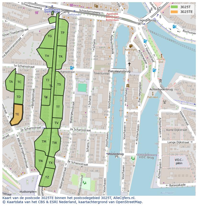 Afbeelding van het postcodegebied 3025 TE op de kaart.