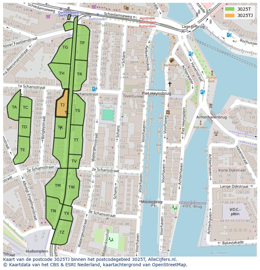 Afbeelding van het postcodegebied 3025 TJ op de kaart.