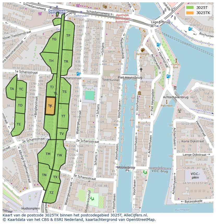 Afbeelding van het postcodegebied 3025 TK op de kaart.