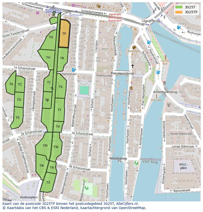 Afbeelding van het postcodegebied 3025 TP op de kaart.