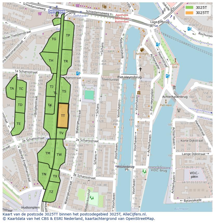 Afbeelding van het postcodegebied 3025 TT op de kaart.