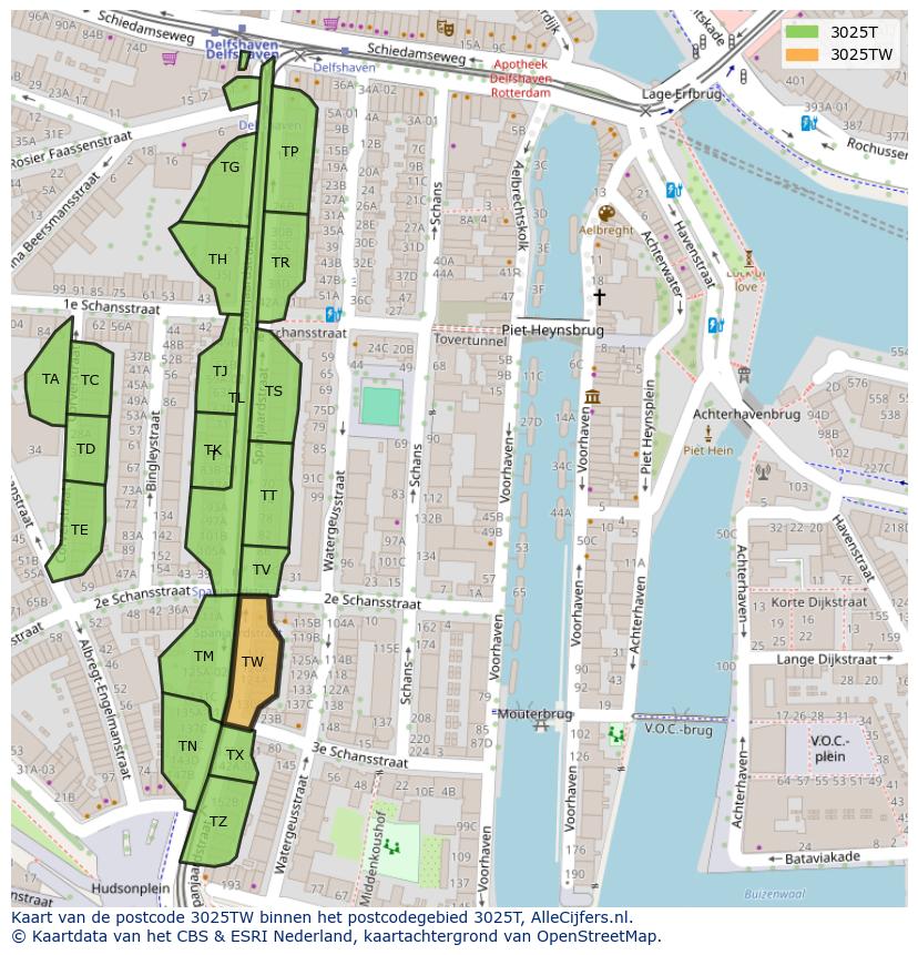Afbeelding van het postcodegebied 3025 TW op de kaart.