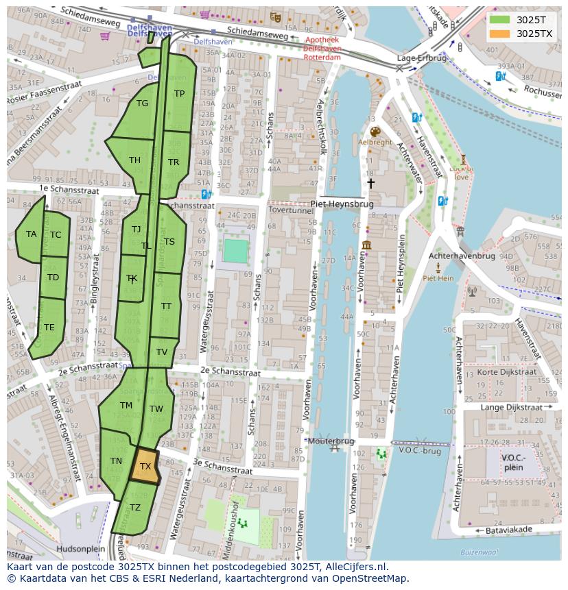 Afbeelding van het postcodegebied 3025 TX op de kaart.