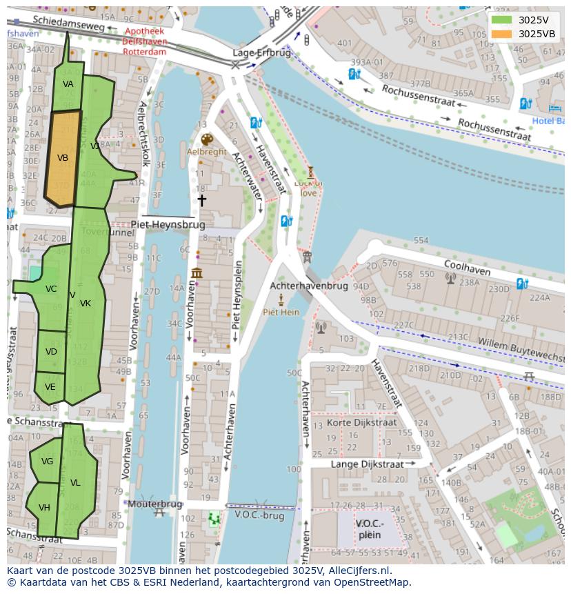 Afbeelding van het postcodegebied 3025 VB op de kaart.