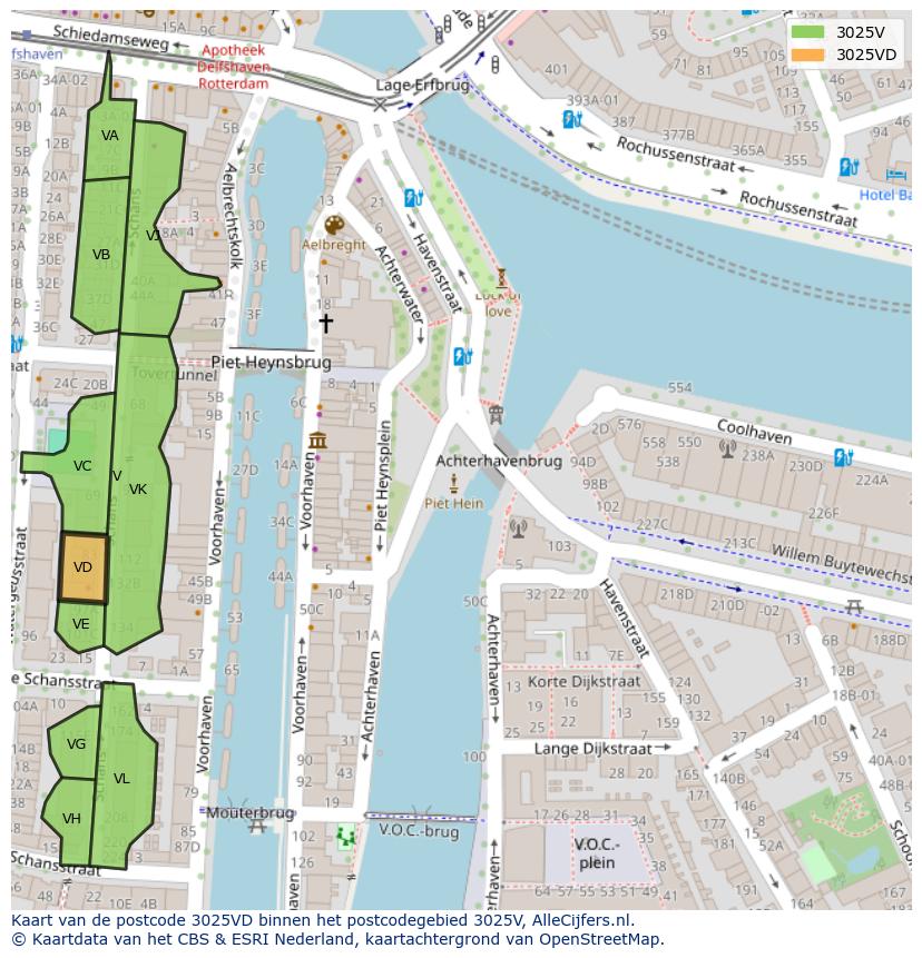 Afbeelding van het postcodegebied 3025 VD op de kaart.