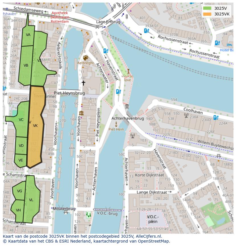 Afbeelding van het postcodegebied 3025 VK op de kaart.
