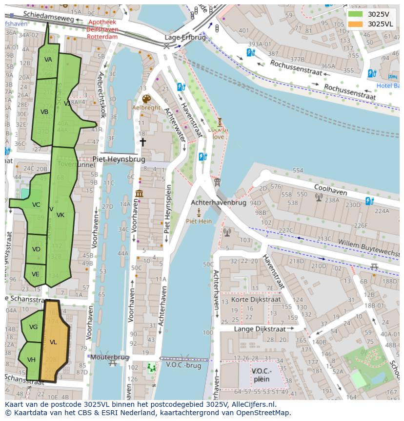 Afbeelding van het postcodegebied 3025 VL op de kaart.