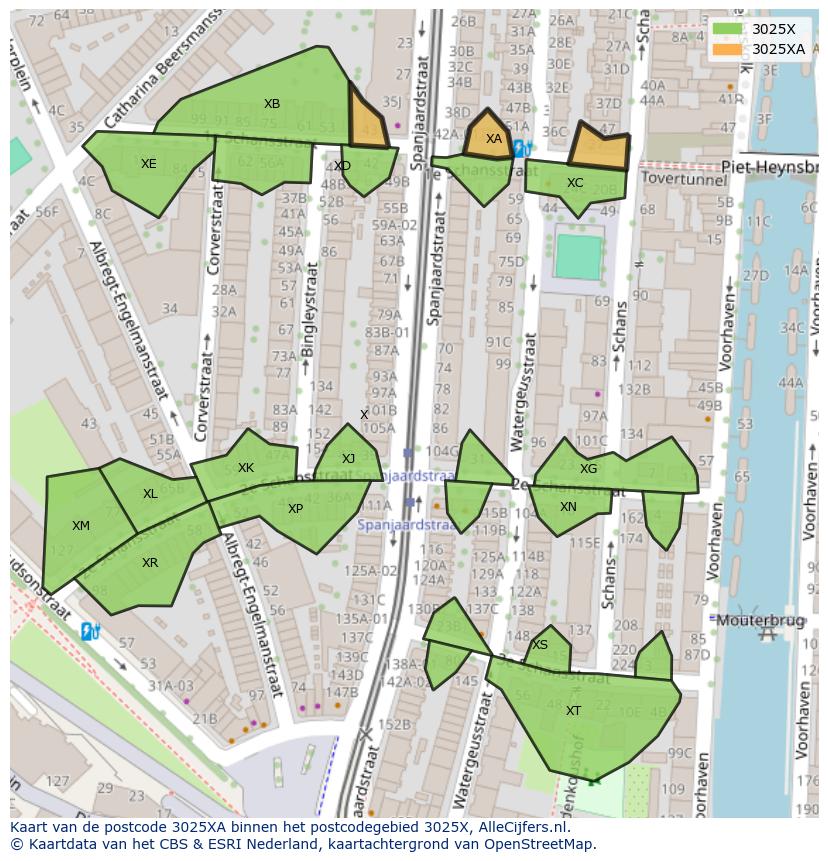Afbeelding van het postcodegebied 3025 XA op de kaart.