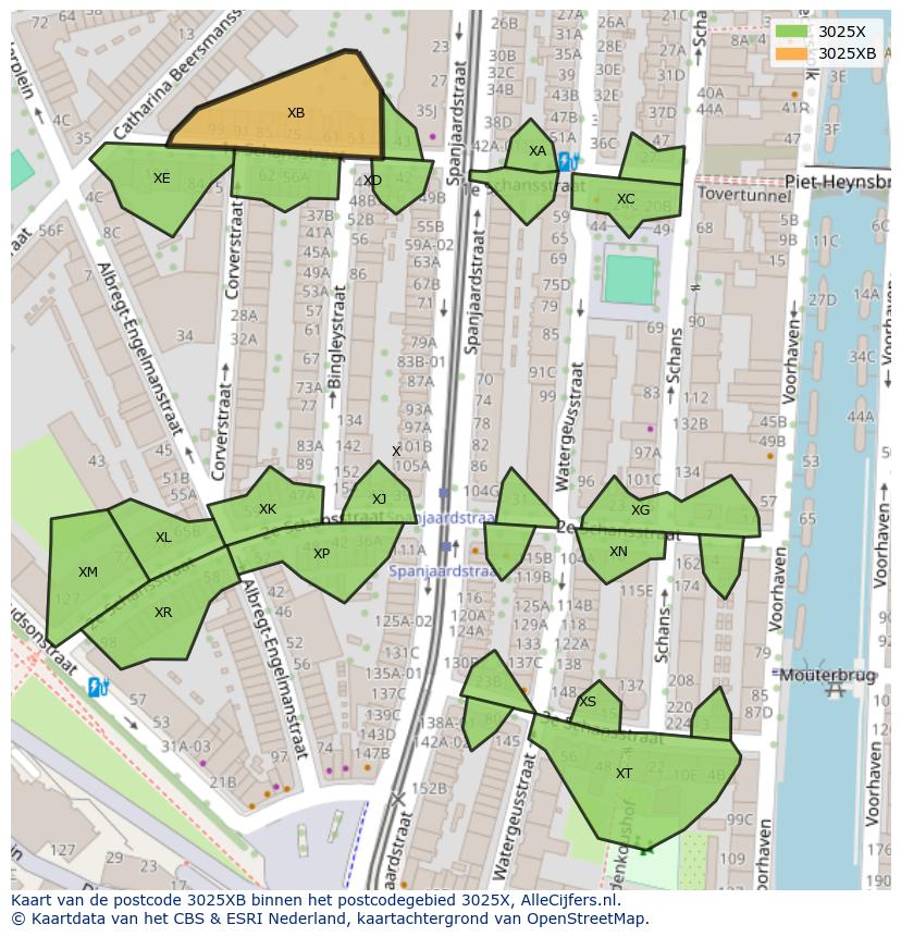 Afbeelding van het postcodegebied 3025 XB op de kaart.