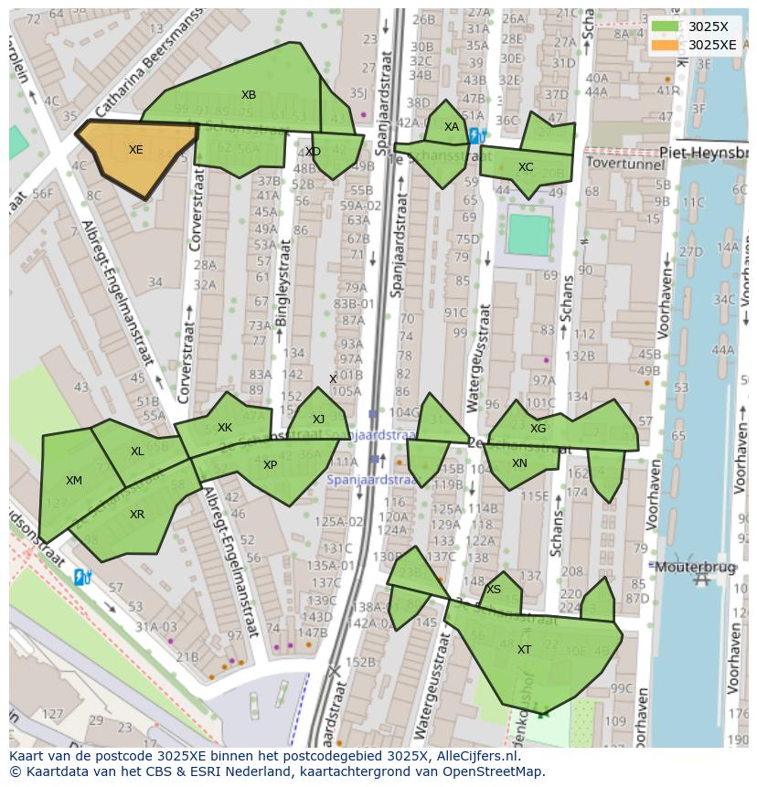 Afbeelding van het postcodegebied 3025 XE op de kaart.