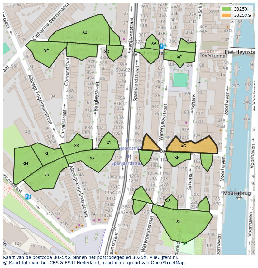 Afbeelding van het postcodegebied 3025 XG op de kaart.