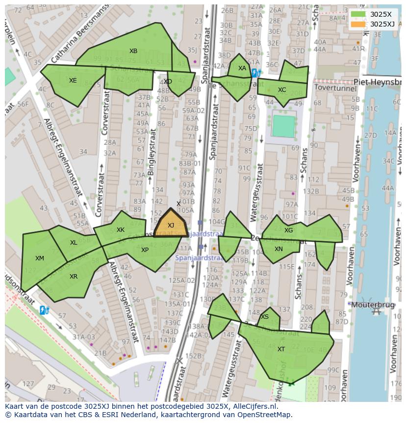 Afbeelding van het postcodegebied 3025 XJ op de kaart.