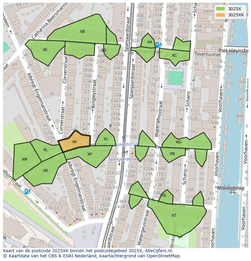 Afbeelding van het postcodegebied 3025 XK op de kaart.