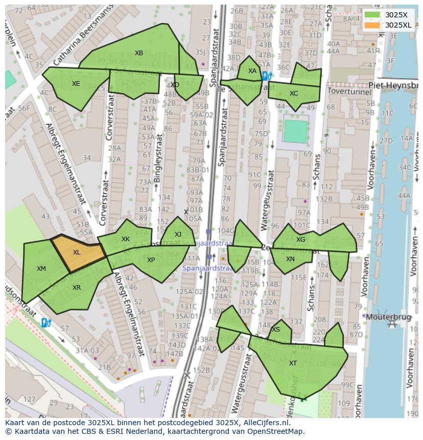 Afbeelding van het postcodegebied 3025 XL op de kaart.