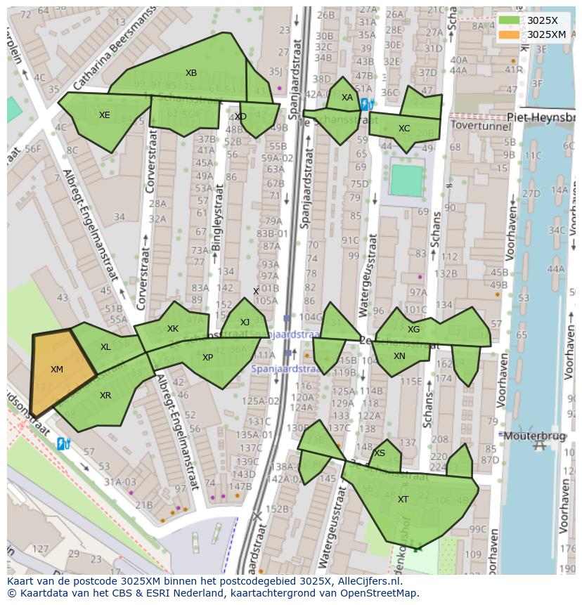 Afbeelding van het postcodegebied 3025 XM op de kaart.
