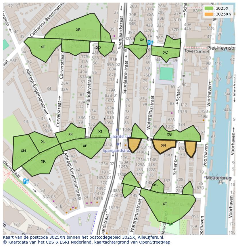 Afbeelding van het postcodegebied 3025 XN op de kaart.