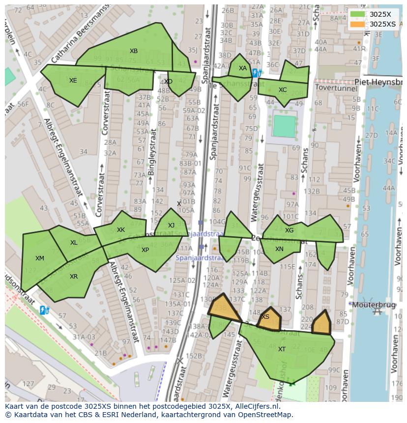 Afbeelding van het postcodegebied 3025 XS op de kaart.