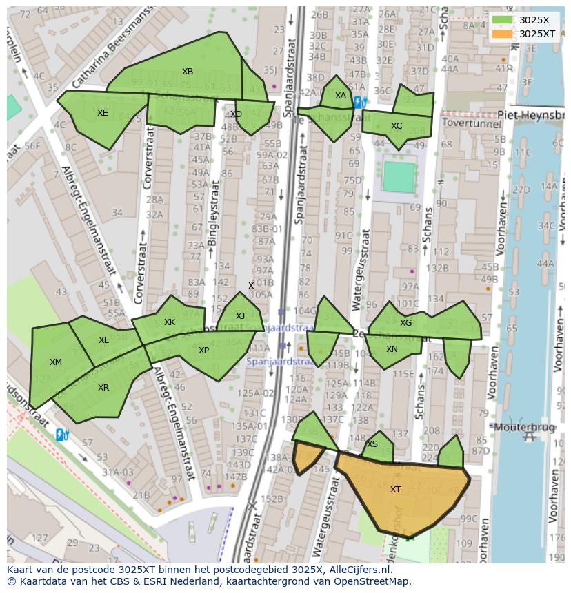 Afbeelding van het postcodegebied 3025 XT op de kaart.